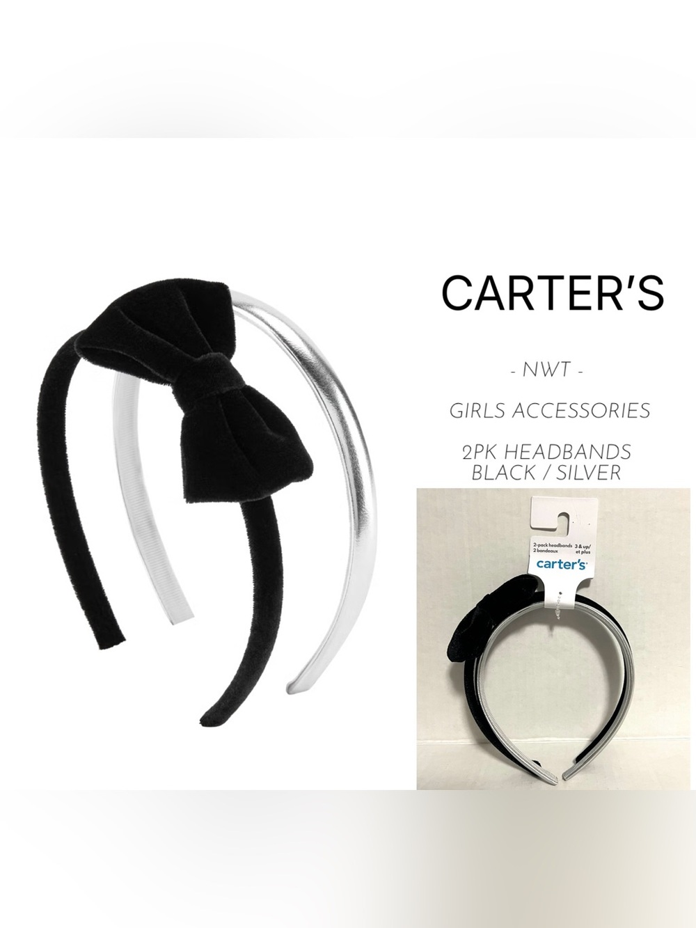 CARTER’S - O/S - NWT - GIRLS - 2PK VELVET BLACK BOW / SILVER HEADBANDS